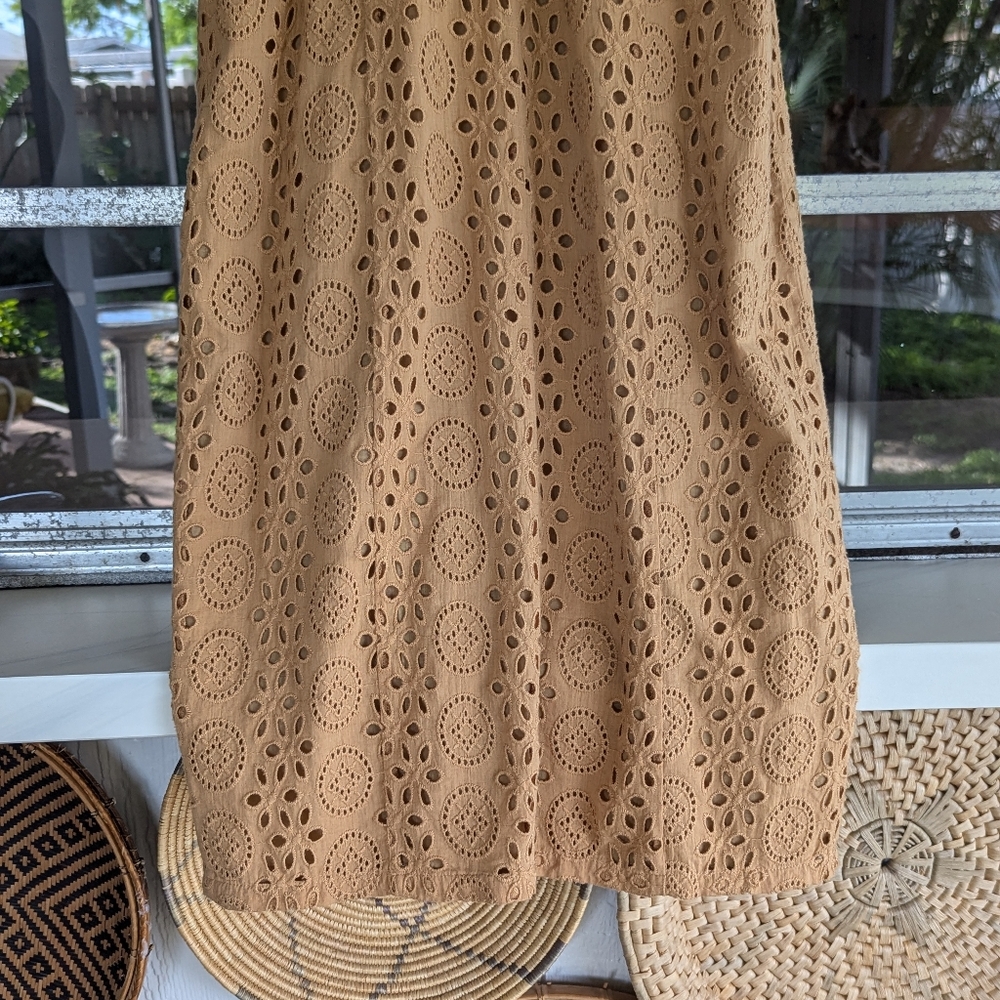 Puff-Sleeve Eyelet Midi Dress in Camel - Picture 10 of 13